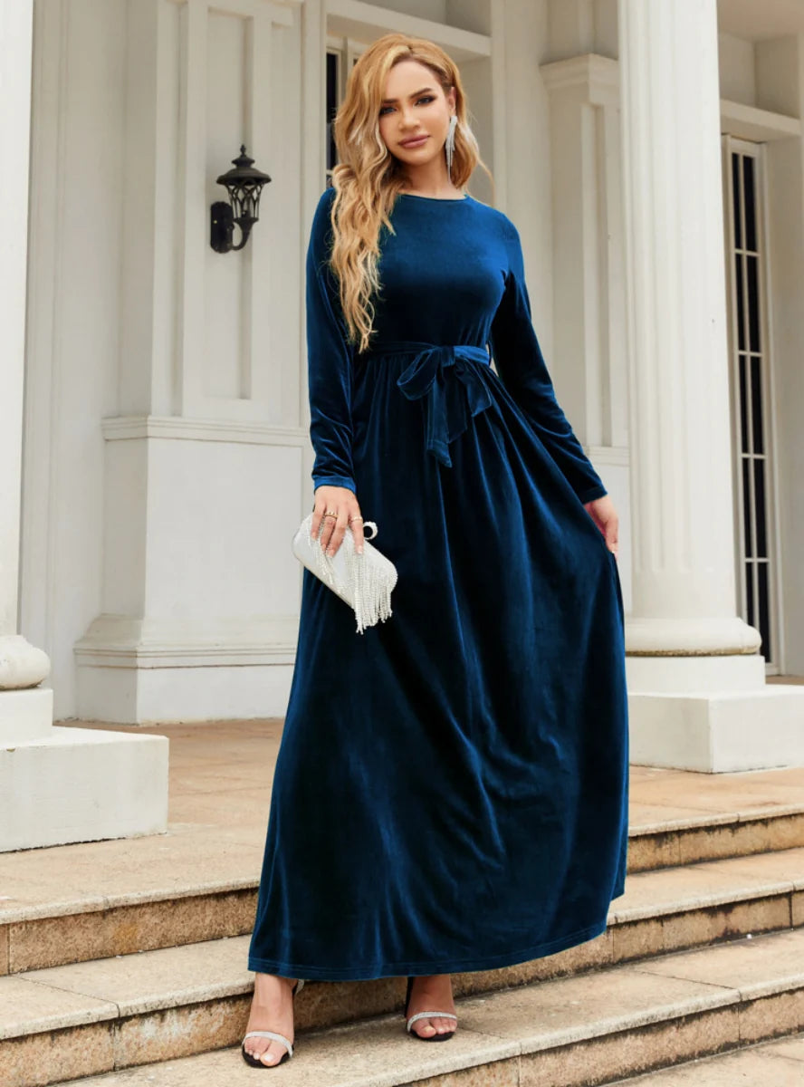 Velvet Long Sleeve Belted A-Line Maxi Dress 4