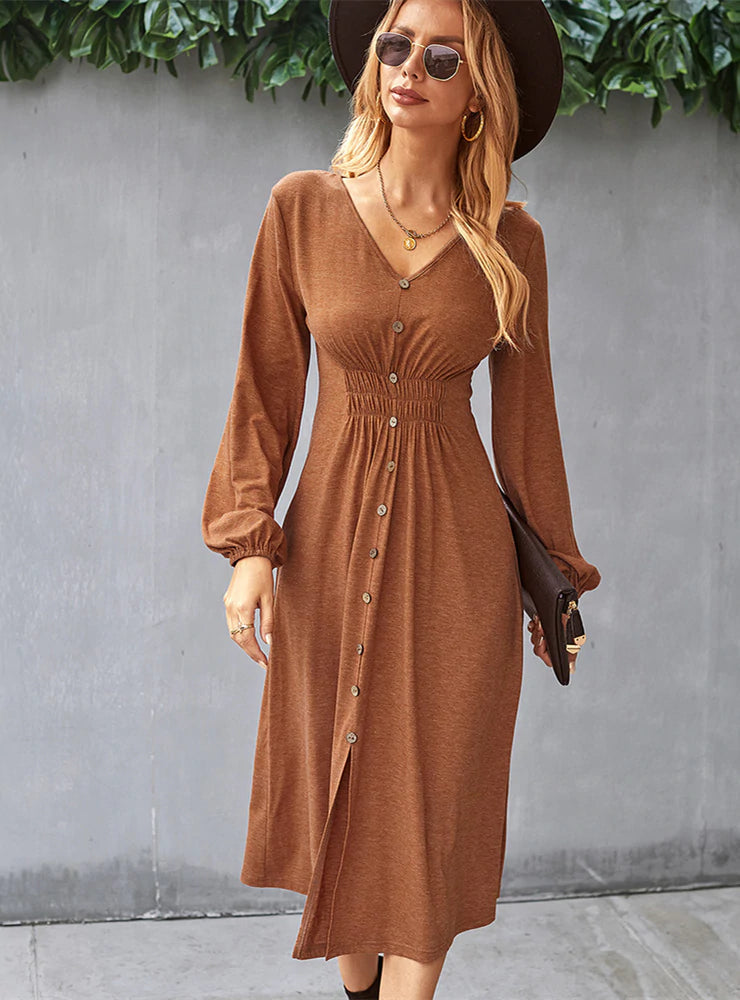 V-Neck Long-Sleeve Button-Front Fit-and-Flare Midi Dress 6