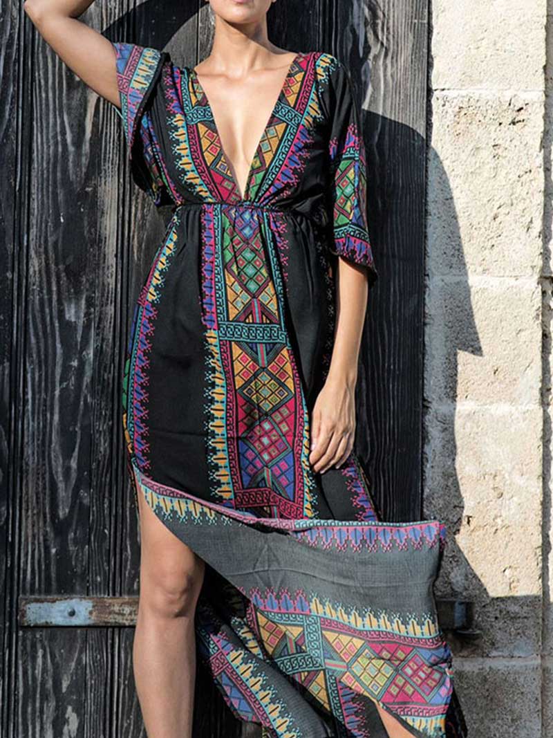 Bohemian Print Cotton Short Sleeves Kaftan Dress - Fashionpara
