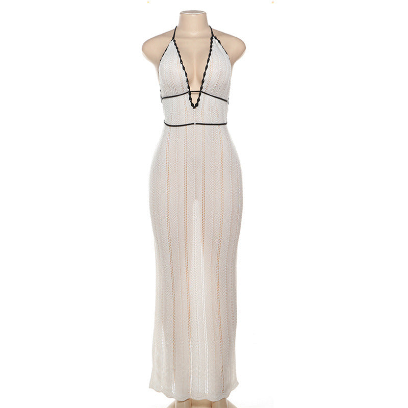 Knit Halter Neck Deep V-Neck Contrast Trim Waist Maxi Dress - View 4