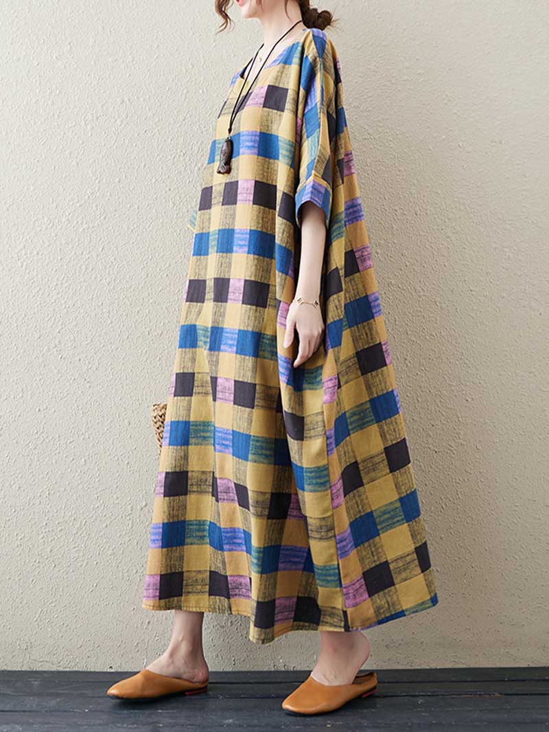 Plaid Check Round Neck Batwing Cocoon Midi Dress 2