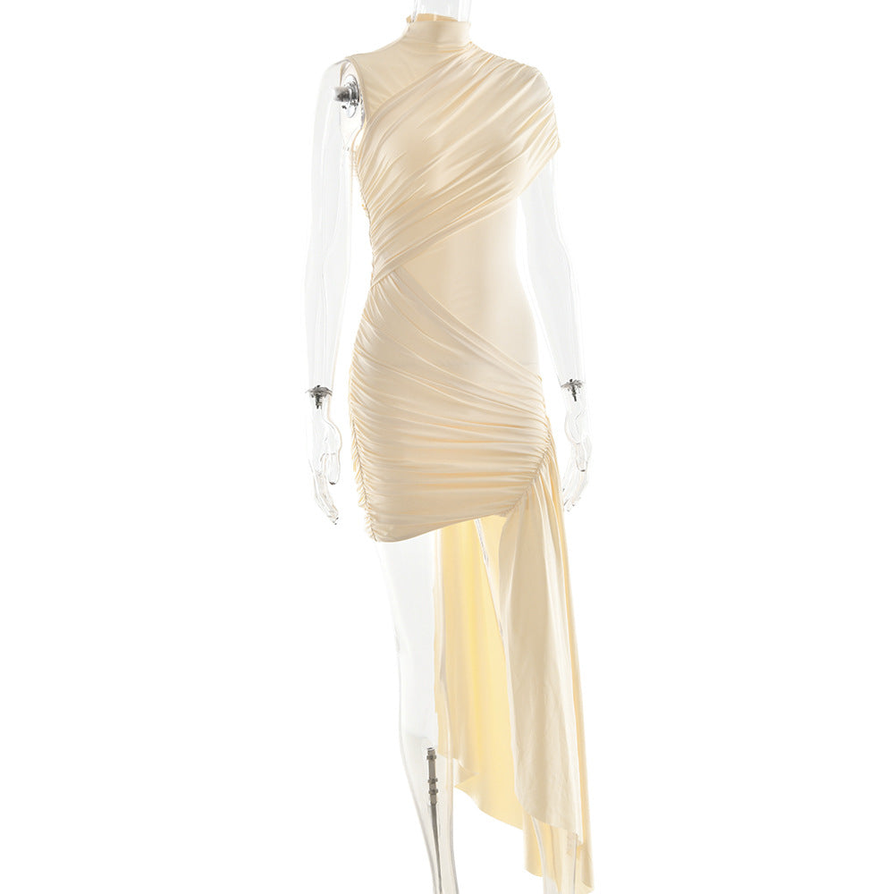 High-Neck Ruched Draped Asymmetric Mini Dress 4
