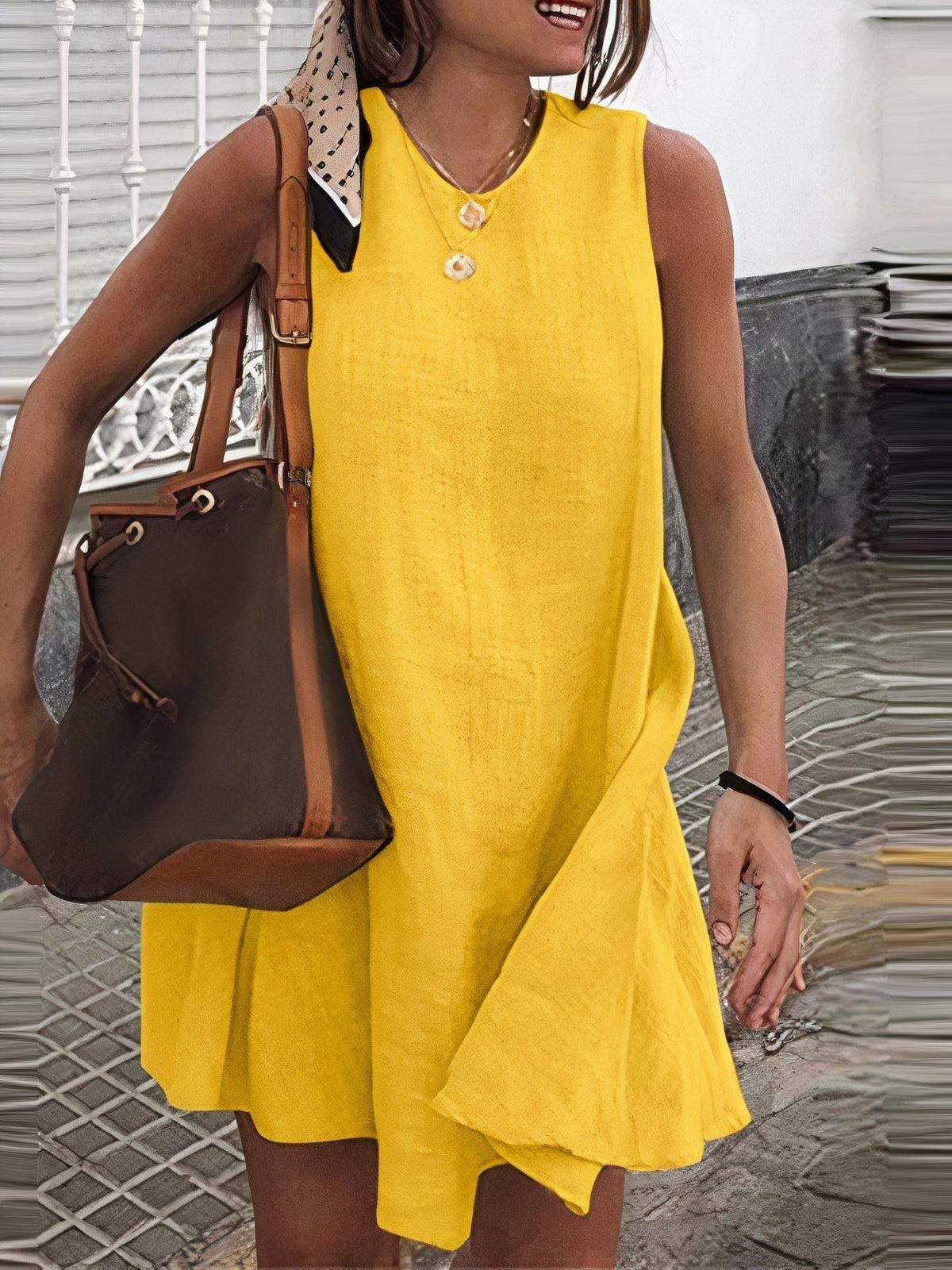 Sleeveless Round Neck Textured Woven Shift Mini Summer Dress - View 3