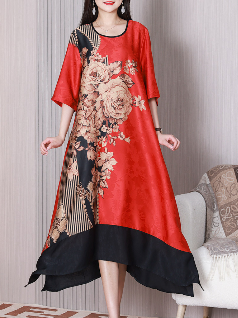 Floral Print Round Neck Contrast-Hem A-Line Midi Dress