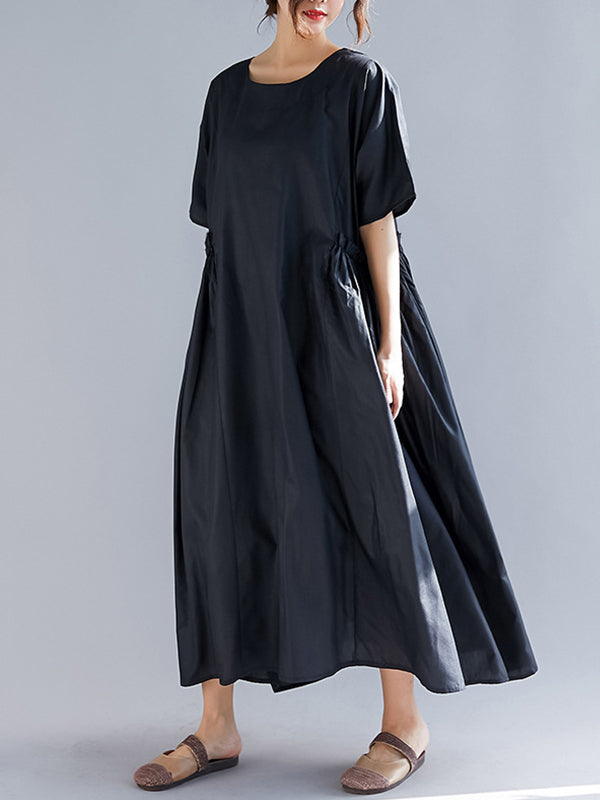 Cotton Round Neck Short Sleeve Ruched Pocket Cocoon Maxi Dress 3