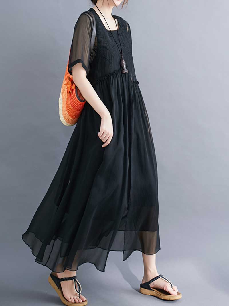 Embroidered Silk Round-Neck A-Line Dress - Fashionpara