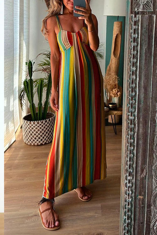 Spaghetti Strap Sleeveless Bow Design Colorful Striped Maxi Vacation Dress - Fashionpara