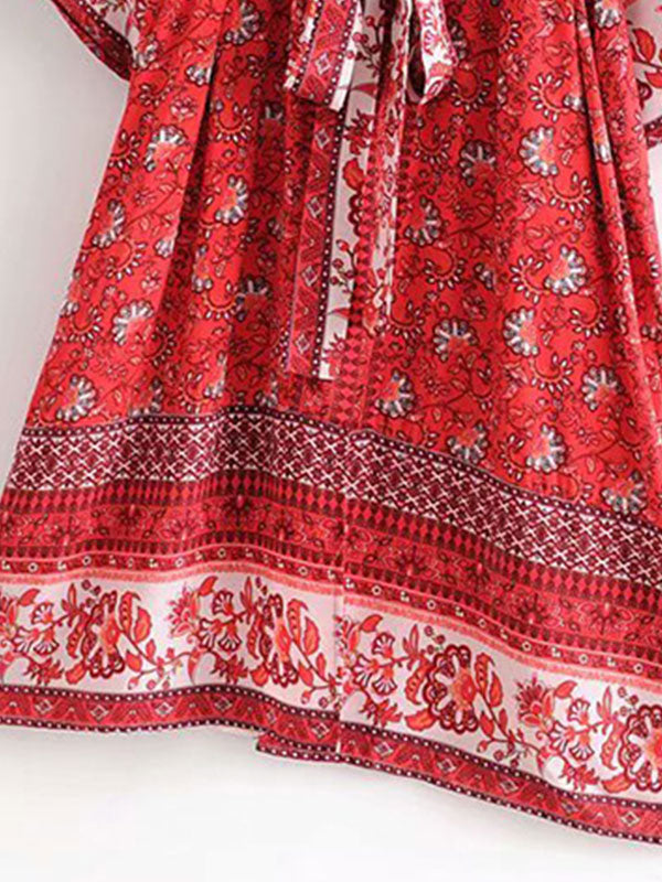 Bride To Be Floral Print Red Cotton Viscose Long Length Gown Kimono - Fashionpara
