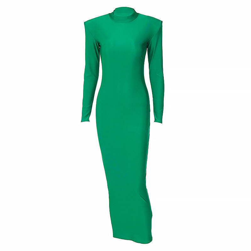 High-Neck Long-Sleeve Padded-Shoulder Bodycon Maxi Dress 7