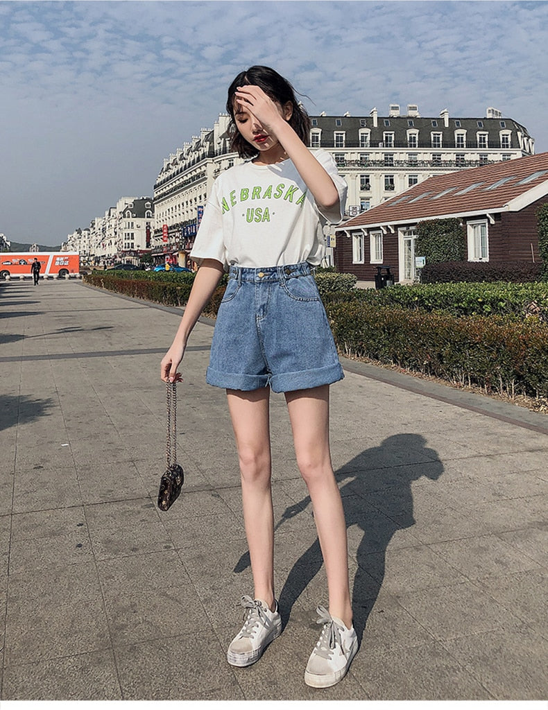 KittenAlarm - High Waist Button Wide Leg Shorts Jeans