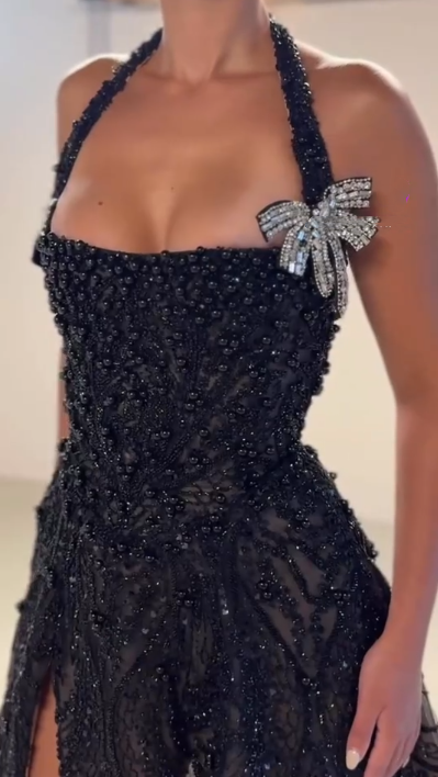 Gorgeous Halter Black Lace Beaded A Line Formal Homecoming Dress Short Prom Dress Cocktail Dress D230