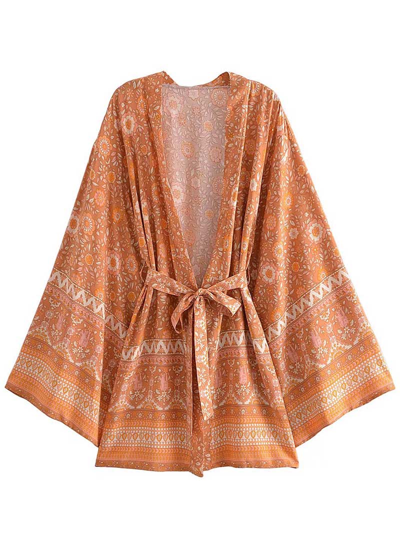 Short Kimono With Floral Print Pink & Yellow Cotton Short Length Gown Robe - Fashionpara