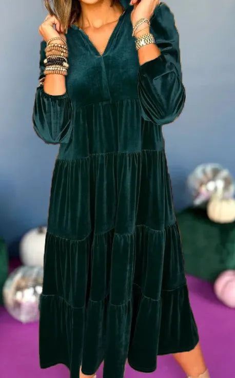 Velvet Collared Long Sleeve Tiered Swing Midi Dress - View 7
