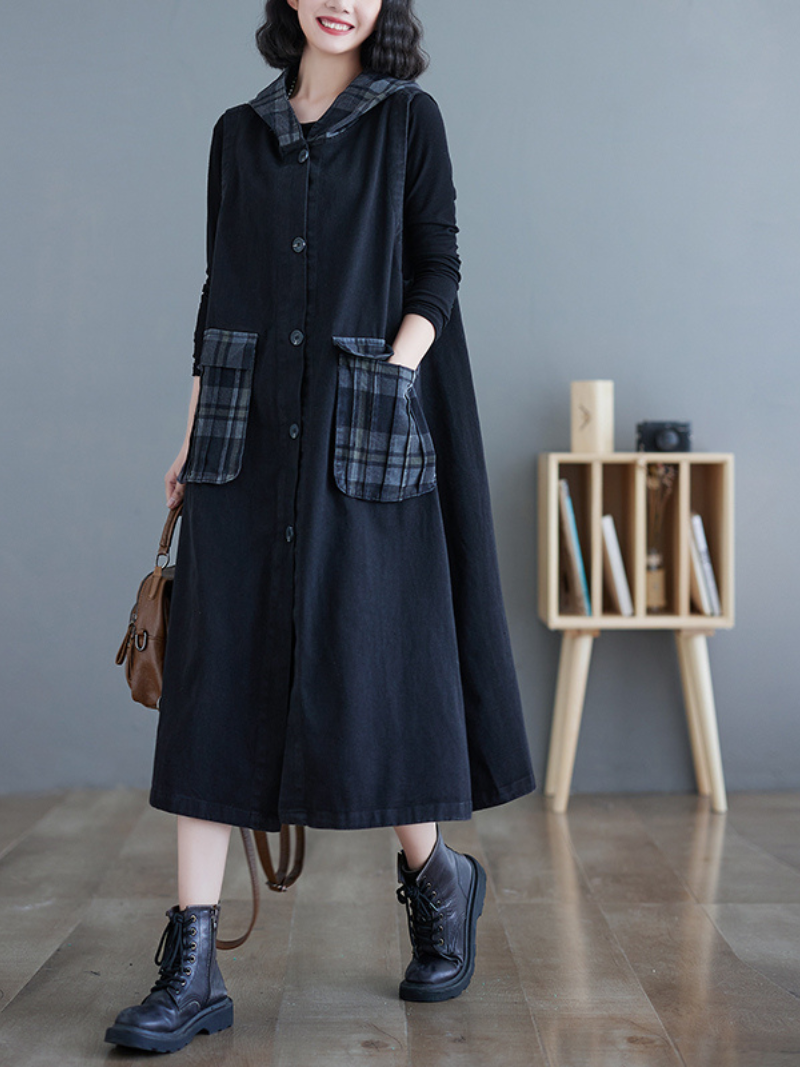 Denim Hooded Sleeveless Plaid-Pocket Pinafore Midi Dress 3