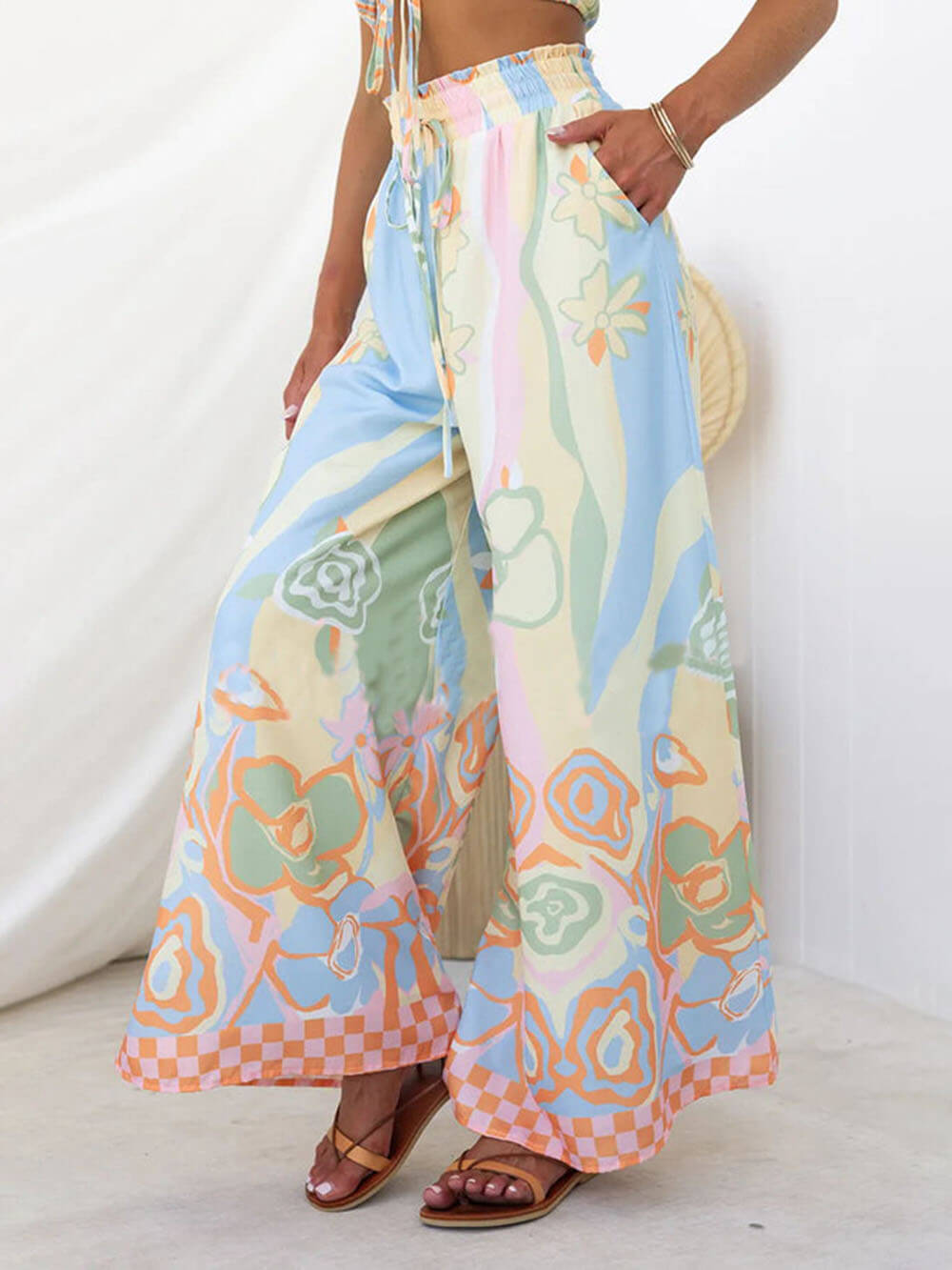 Floral Print Smocked Adjustable Tank Top Drawstring Wide Leg Pants Set - Fashionpara