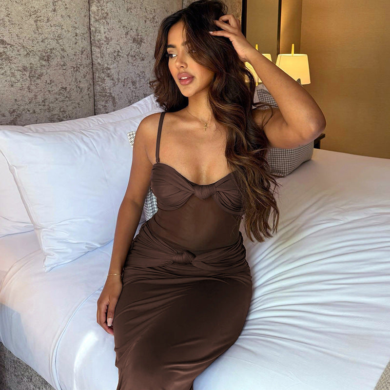 Strappy Sweetheart Mesh-Panel Knot-Front Bodycon Maxi Dress 4