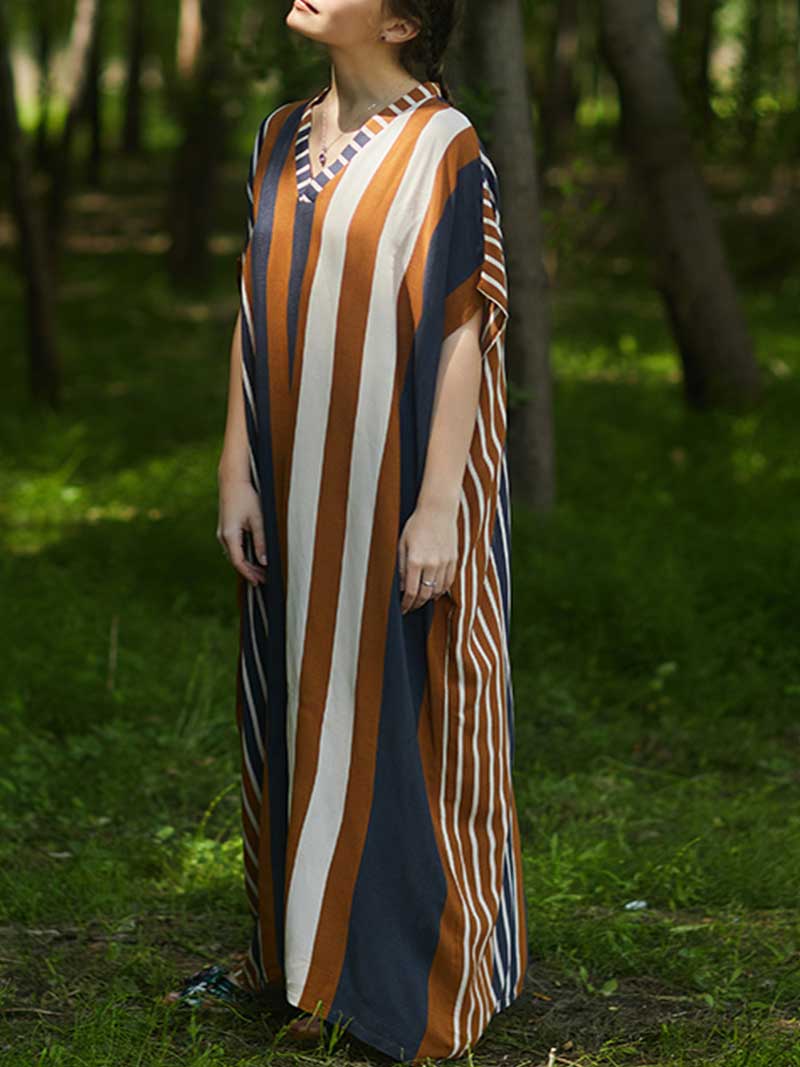 Stripes Print Multicolor Half Sleeves Kaftan Dress - Fashionpara