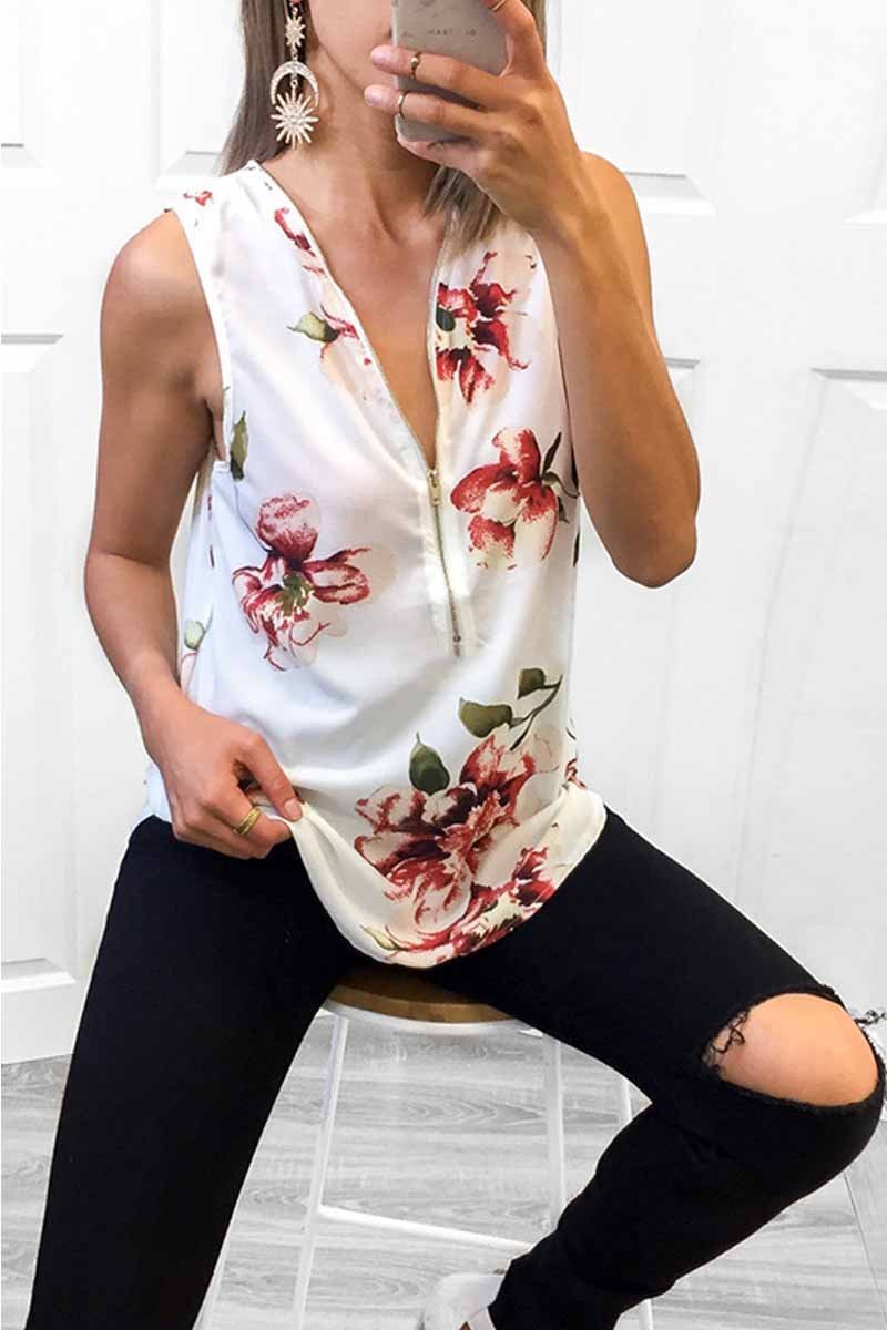Florcoo Summer Fashion Zipper Design Floral Tank Top