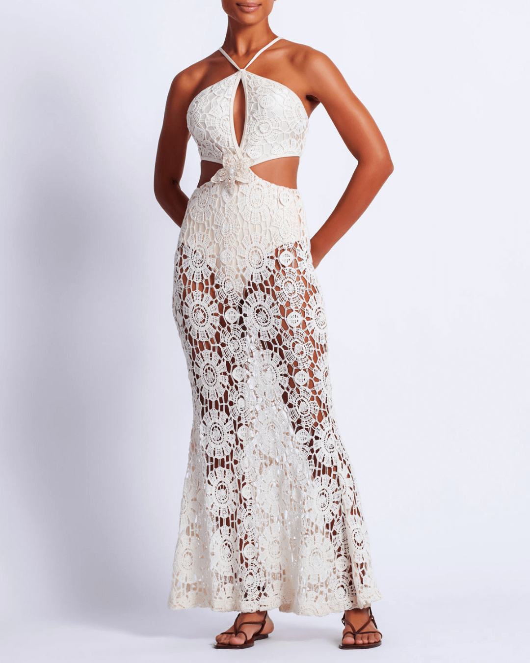 Embroidered Crochet Halterneck Dress - Fashionpara