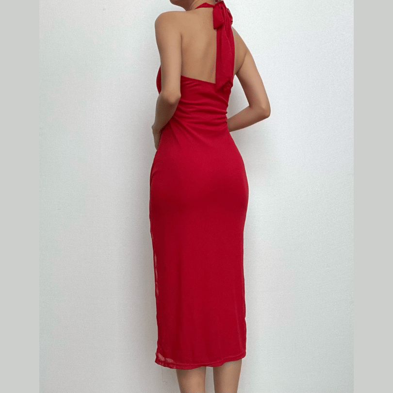 Halter Deep V-Neck Rosette Ruched High Split Midi Dress - View 3