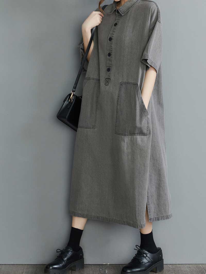 Plain Cotton Grey Color Short Sleeve Midi Dress 3