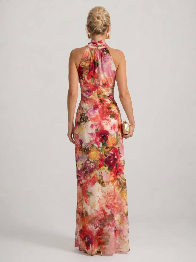 Floral Print Halter Neck Ruffle Backless Maxi Gown 4