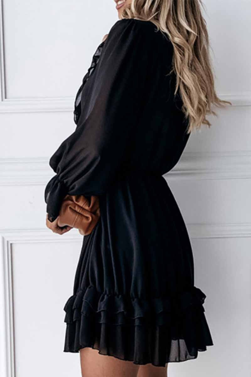 Florcoo Sexy Black Lace Puff Sleeve V-Neck Lace Mini Dress - View 4
