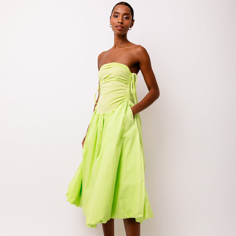 Tie-Strap Ruched Drop-Waist Bubble-Hem Midi Dress 4