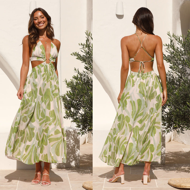 Tropical-Print Halter Plunge Cut-Out A-Line Maxi Dress
