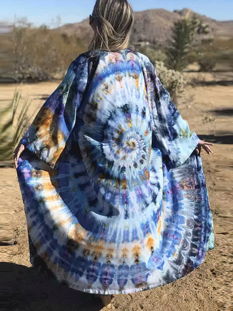 Tie-Dye Print Multicolor Polyester Long Length Gown Kimono Duster Robe - Fashionpara