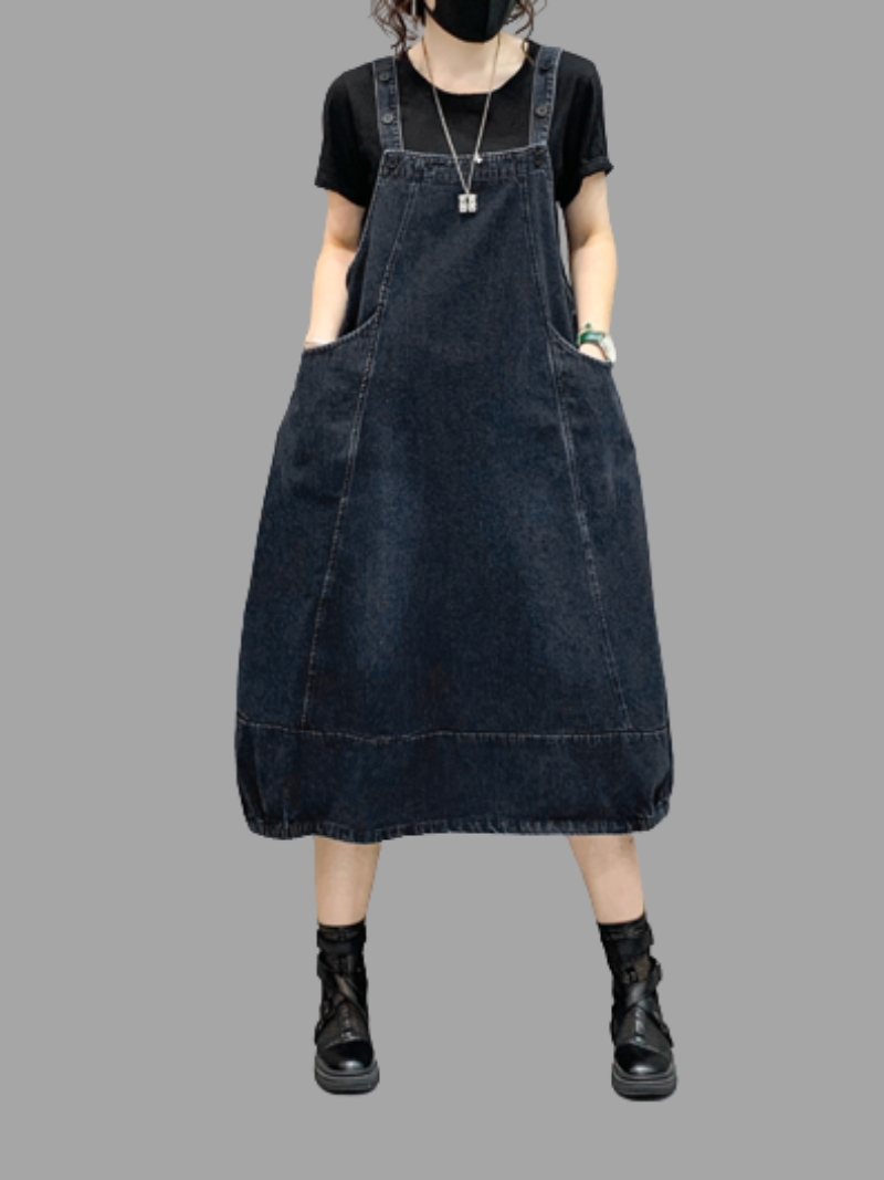 Denim Mid-Length Over-The-Knee Casual Salopette Dress - Fashionpara