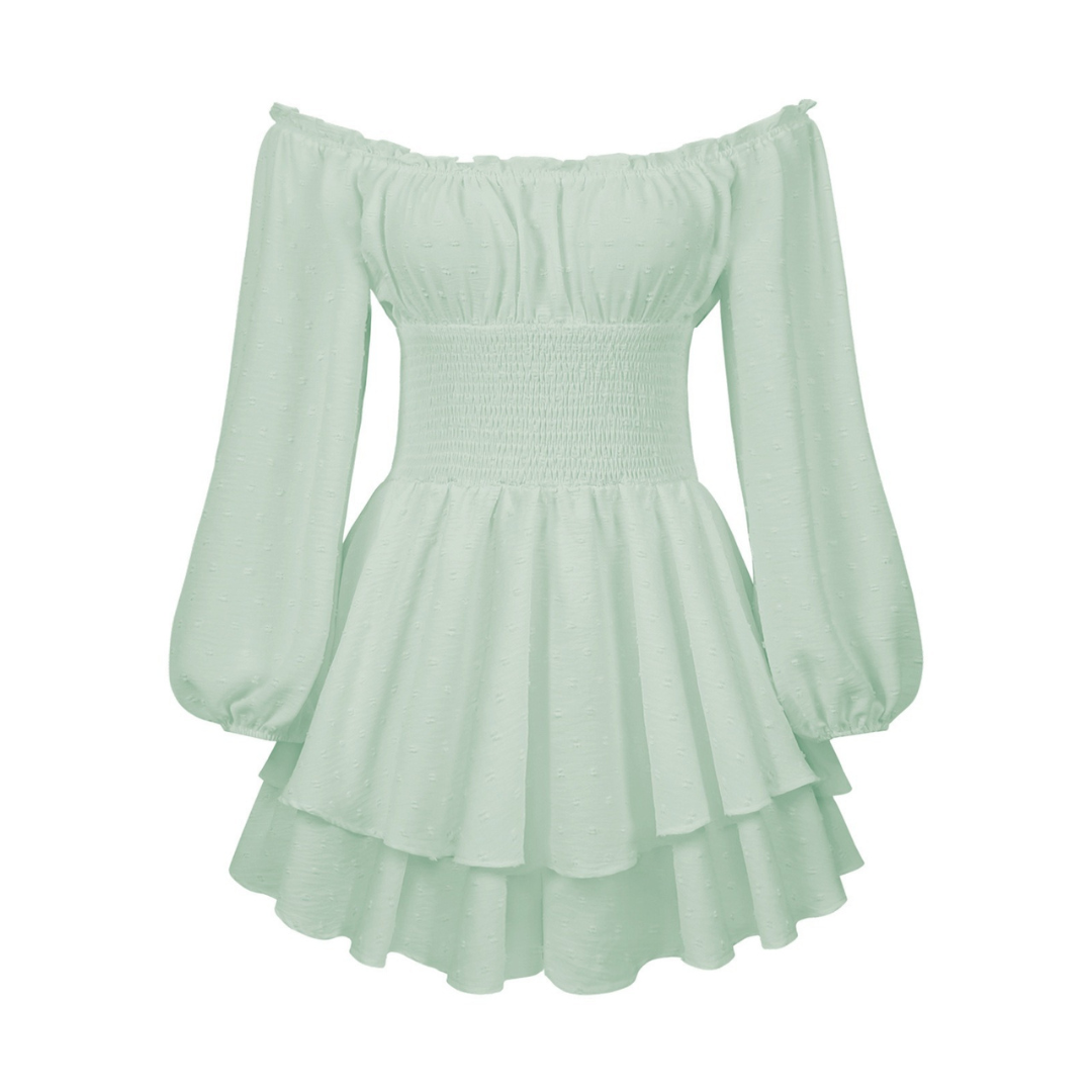 Off Shoulder Long Sleeve Smocked Tiered Ruffle Mini Dress 4