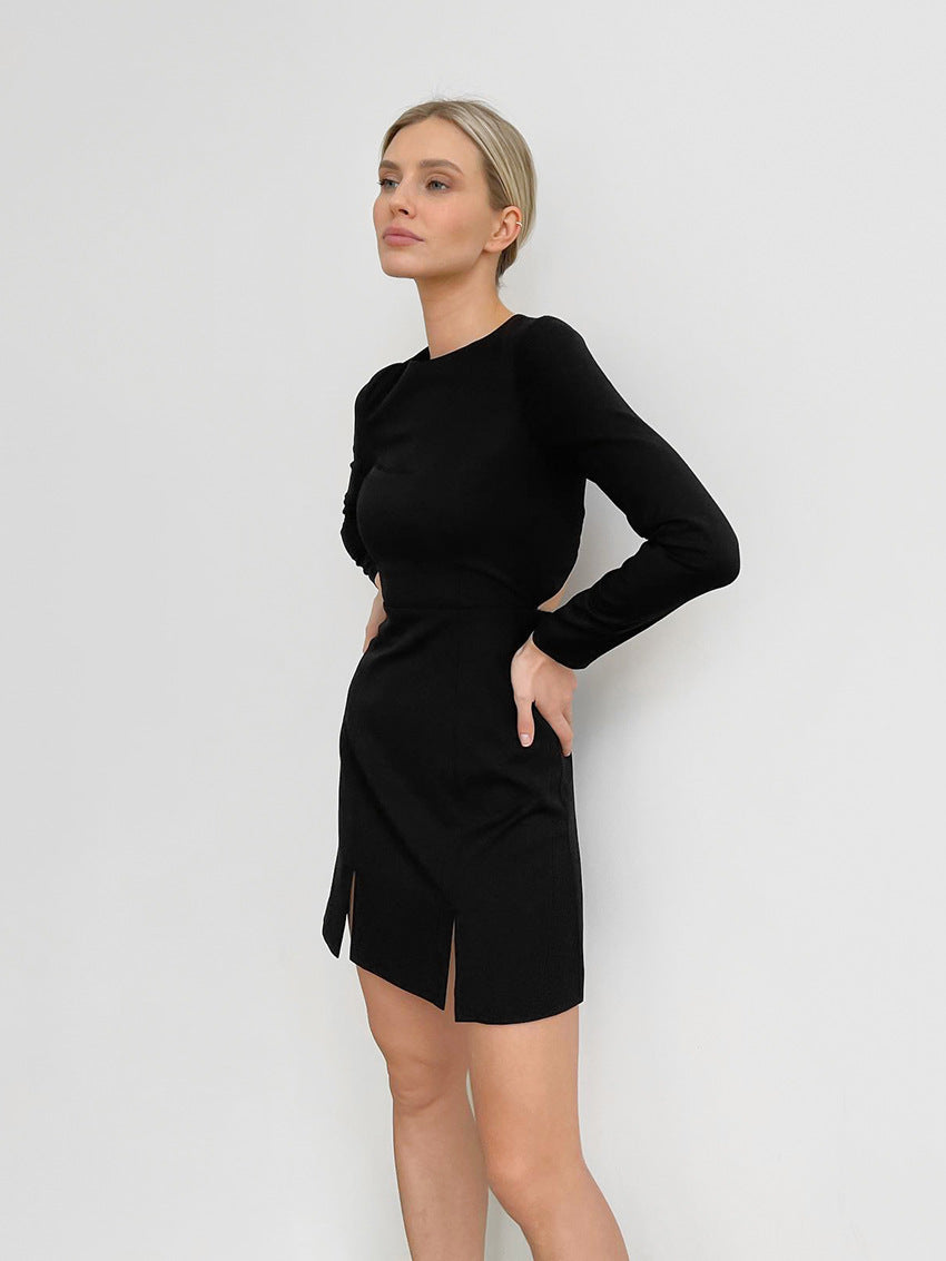 Ribbed Knit Crew Neck Long Sleeve Slit Mini Dress 2