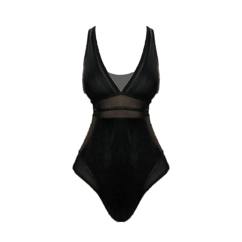 V neck mesh snake print mesh one piece swimwear