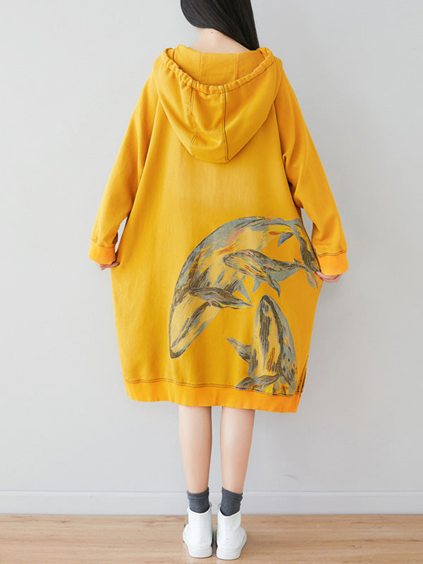 Loose Ethnic Floral Hooded Sweatshirt Dress - Fashionpara