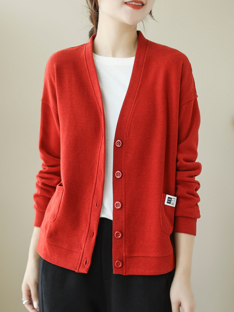 V-Neck Long-Sleeved Sweater Top Loose Solid Color Cardigan Button Sweater Jacket - Fashionpara