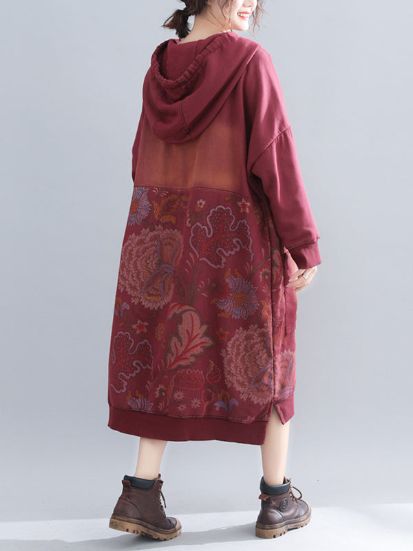 Jo V-Neck Hooded Sweatshirt Floral Prints Shift Dress - Fashionpara