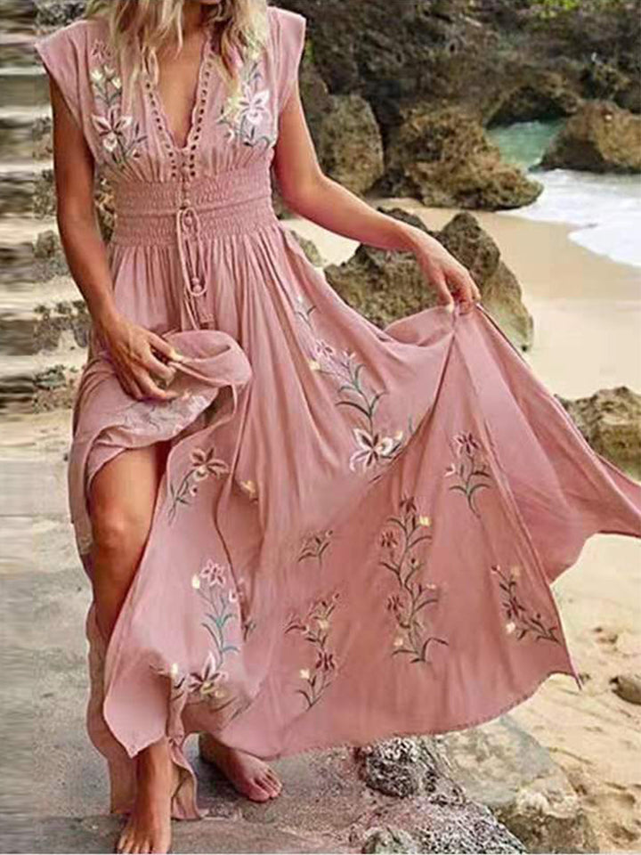 V Neck French Beach Boho Print Dress - Fashionpara