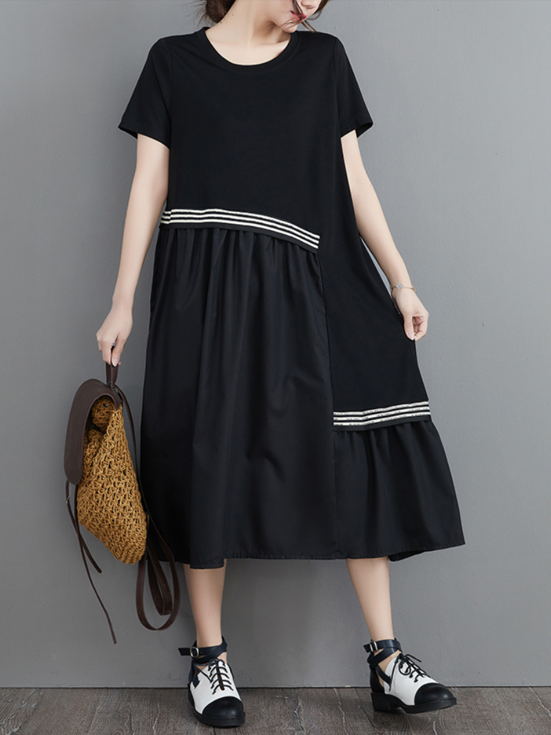 Striped-Trim Round Neck Short Sleeve Tiered Midi Dress 3
