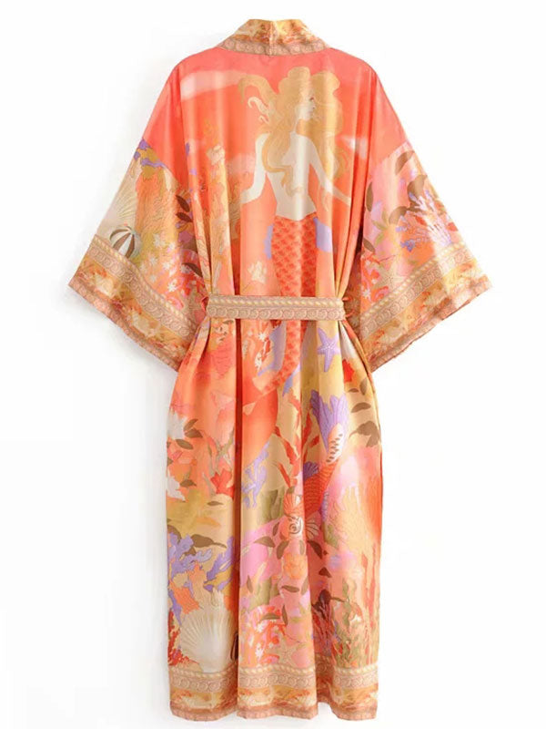 Floral Partywear Cotton Silk Kimono Orange Color Cotton Long Length Gown Robe Kimono - Fashionpara