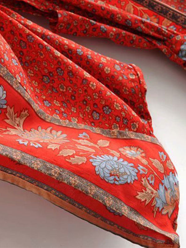 Beachwear Floral Print Red Color Cotton Long Length Gown Kimono Duster Robe - Fashionpara