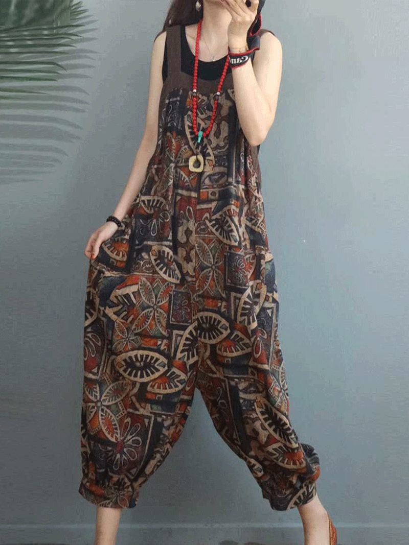 Lo Siento Ethnic Print Cotton & Linen Overall Dungaree - Fashionpara