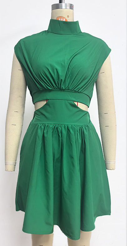 High-Neck Cap-Sleeve Cutout Pleated Mini Dress 4