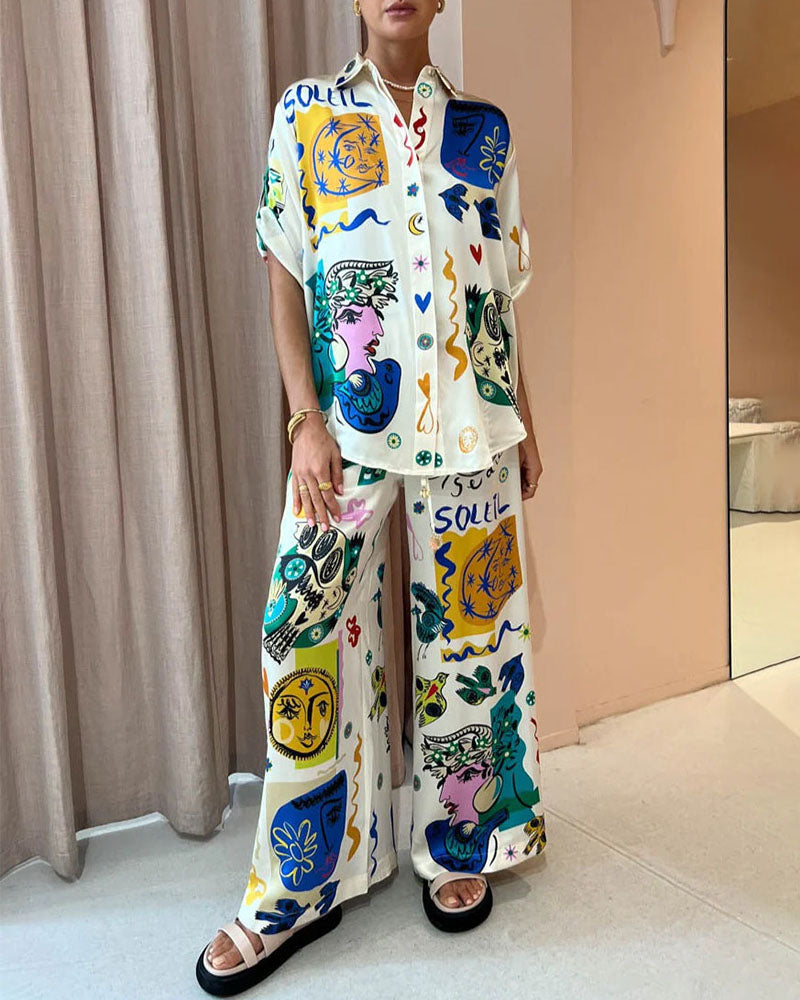 Artistic Graffiti Print Casual Two-Piece Set - Fashionpara