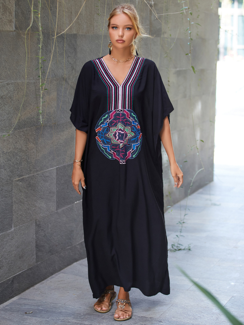 Embroidered V-Neck Batwing Sleeve Loose Kaftan Maxi Dress 3