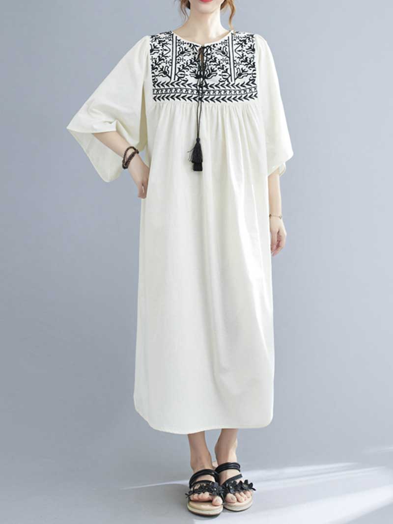 Embroidered Yoke Round Neck Tassel-Tie Batwing Midi Dress 5