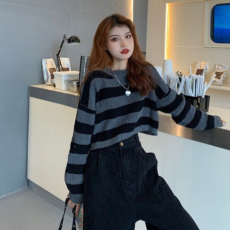 KittenAlarm - Loose Long Sleeve Striped Sexy Short Sweater