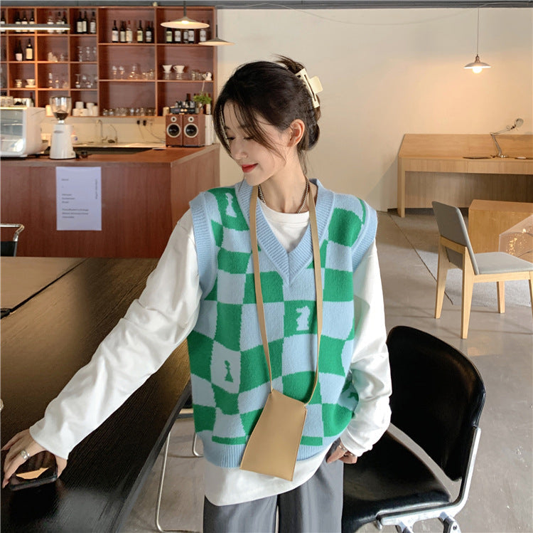 KittenAlarm - Loose Chess Plaid V-Neck Vest Sweater