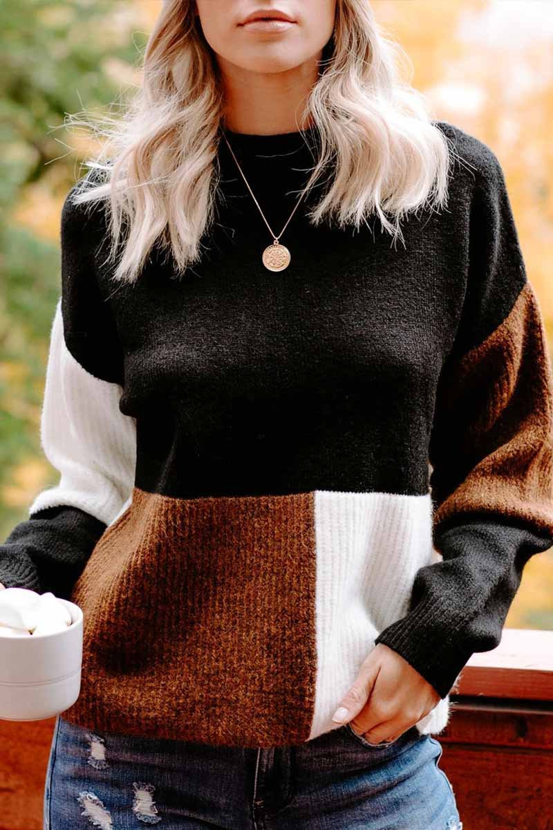 Florcoo High Neck Knitted Sweater in Contrasting Colors