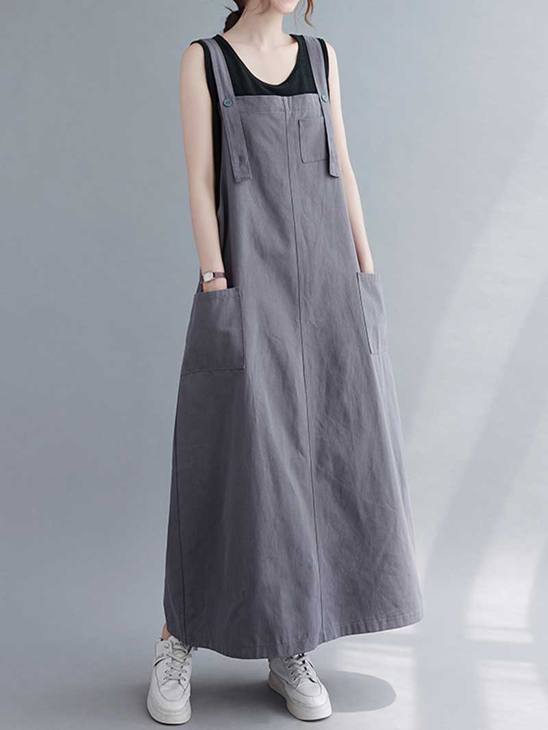 Cotton Sleeveless Patch Pocket Pinafore Salopette Maxi Dress 3